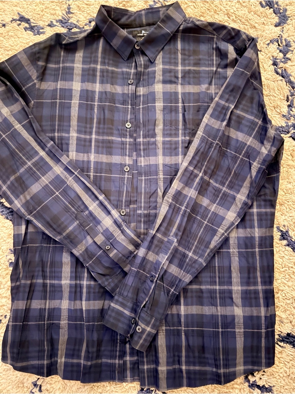 Marc Anthony Navy/Black/Gray Plaid Button-Down Shirt. Mens Size XL Slim Fit